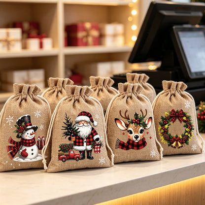 Christmas Drawstring Gift Bags – Festive Santa & Reindeer Prints, Double Drawstring Closure & Durable Fabric – Holiday Cheer in Every Gift