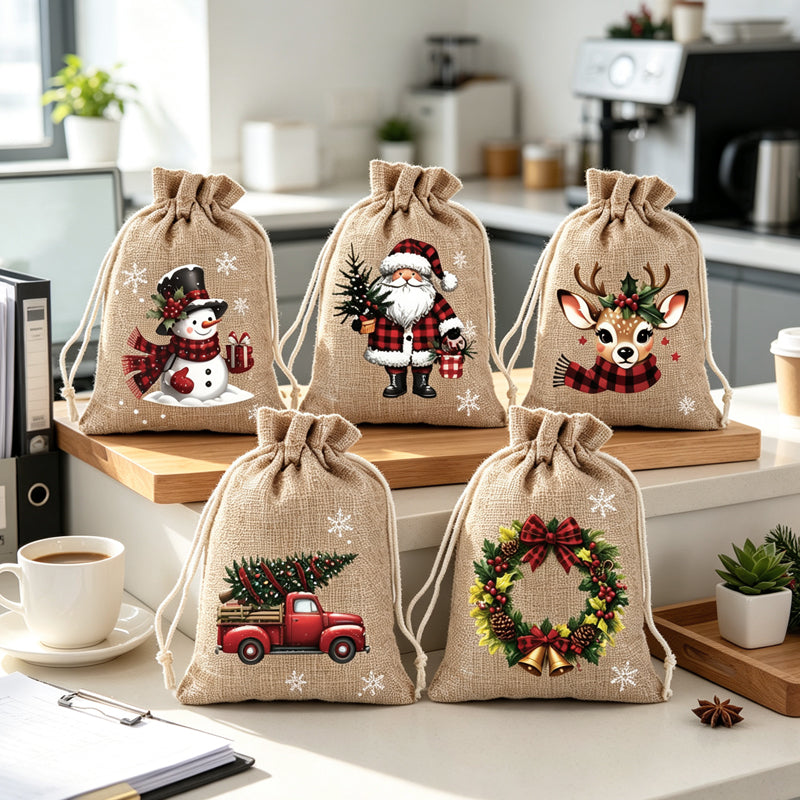 Christmas Drawstring Gift Bags – Festive Santa & Reindeer Prints, Double Drawstring Closure & Durable Fabric – Holiday Cheer in Every Gift