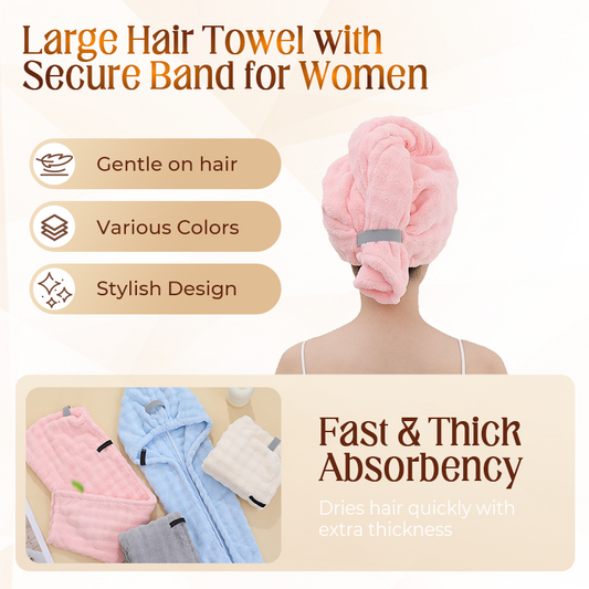 Large Hair Towel with Secure Band For Women