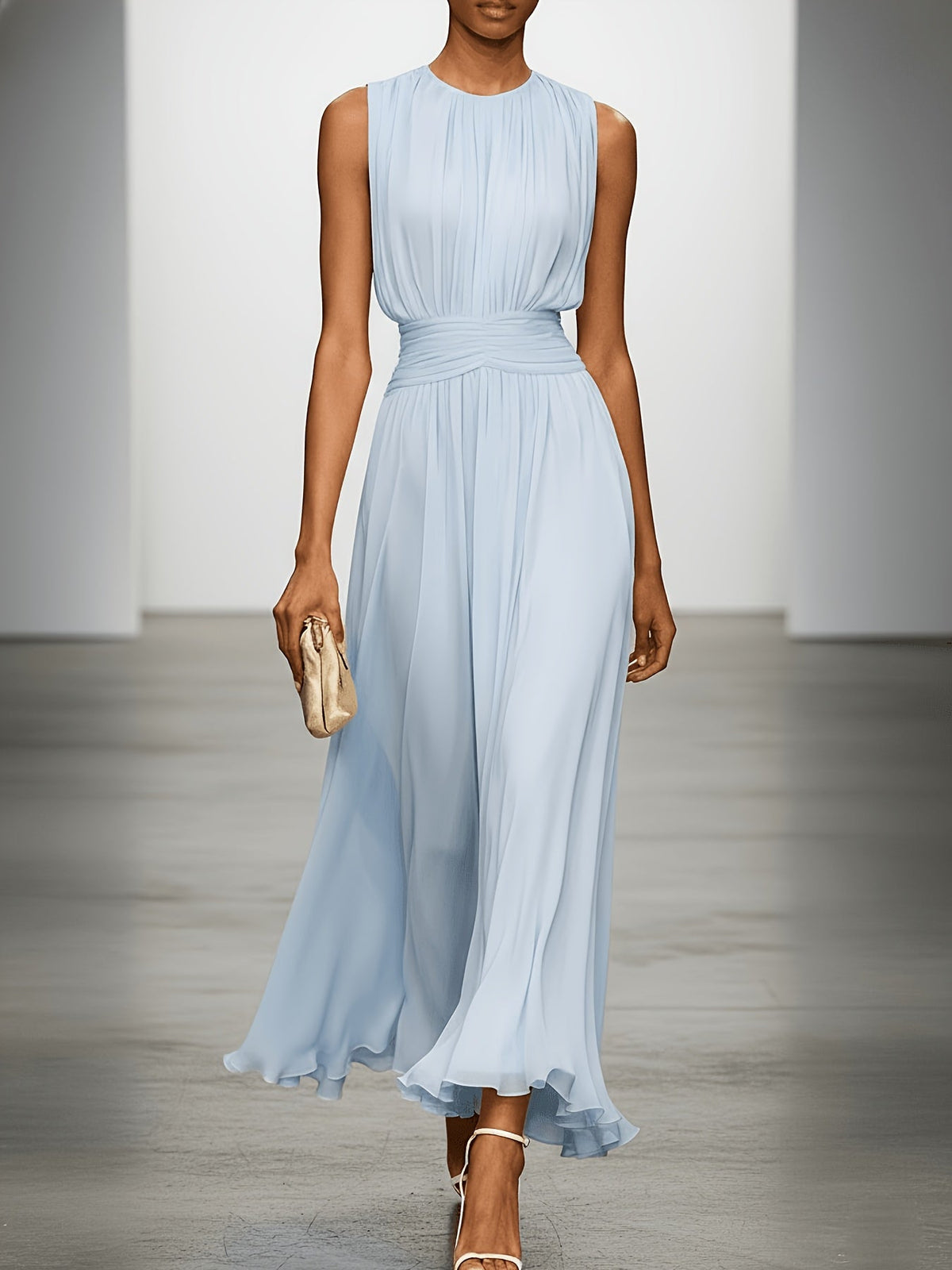 Sleeveless Pleated Maxi Dress with Ruched Waist for Wedding Events