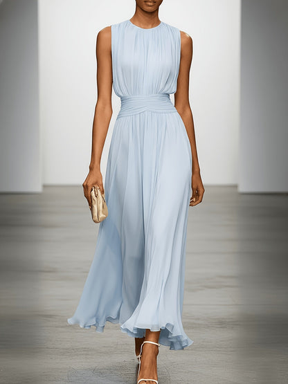 Sleeveless Pleated Maxi Dress with Ruched Waist for Wedding Events