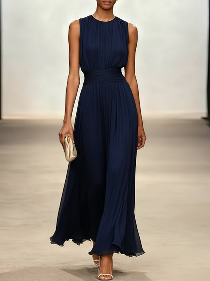 Sleeveless Pleated Maxi Dress with Ruched Waist for Wedding Events