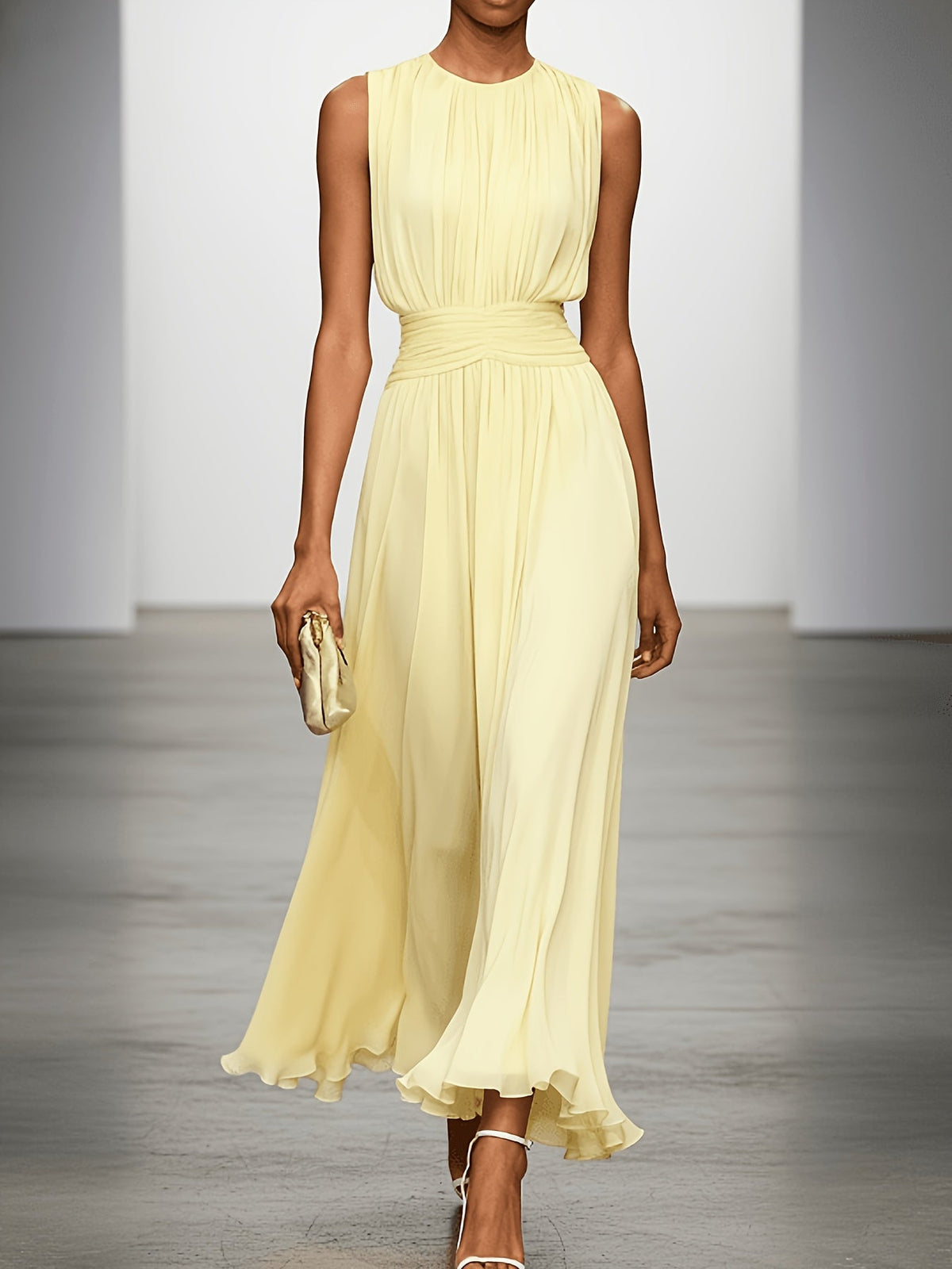 Sleeveless Pleated Maxi Dress with Ruched Waist for Wedding Events