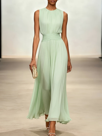 Sleeveless Pleated Maxi Dress with Ruched Waist for Wedding Events