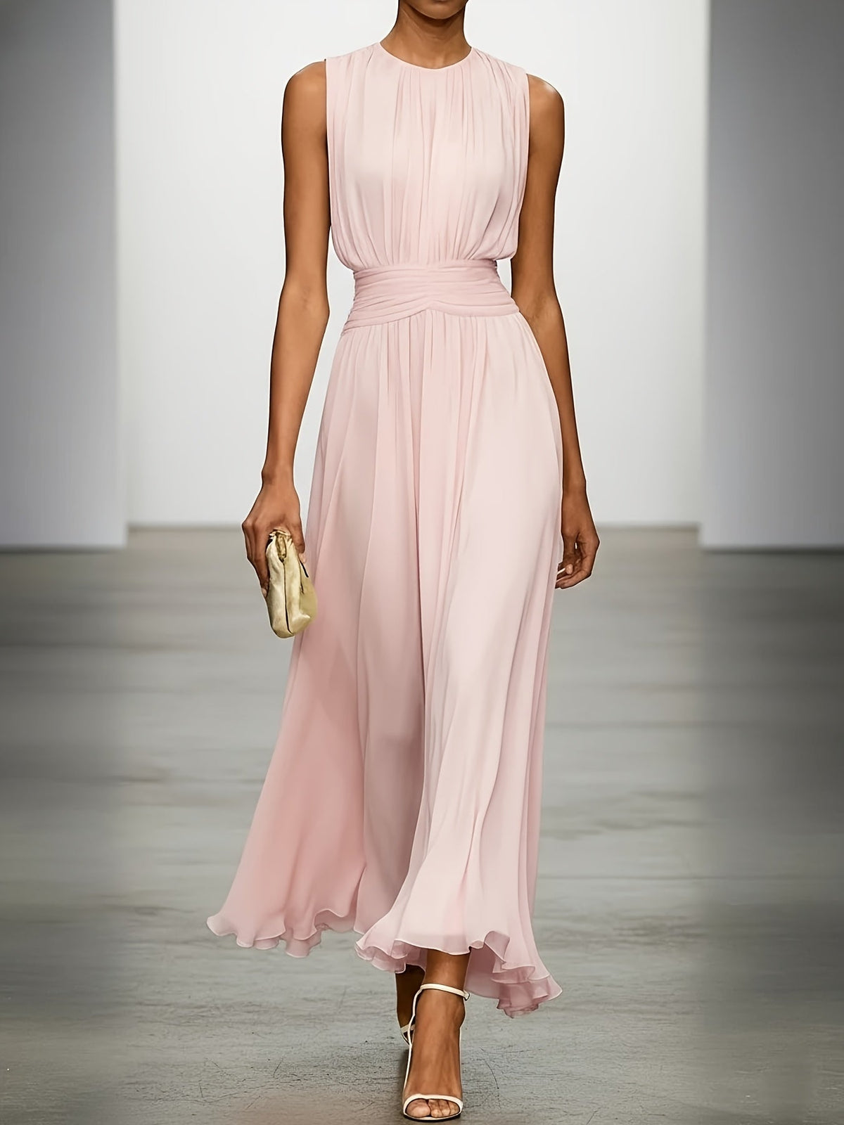 Sleeveless Pleated Maxi Dress with Ruched Waist for Wedding Events