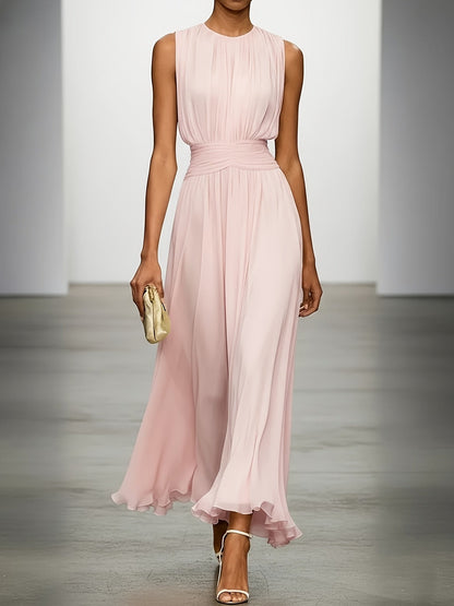 Sleeveless Pleated Maxi Dress with Ruched Waist for Wedding Events
