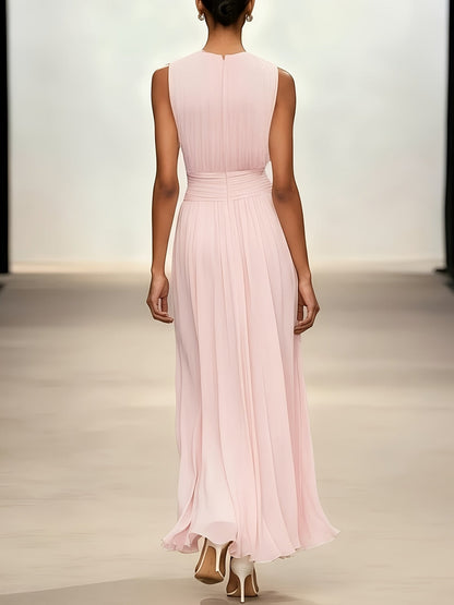 Sleeveless Pleated Maxi Dress with Ruched Waist for Wedding Events
