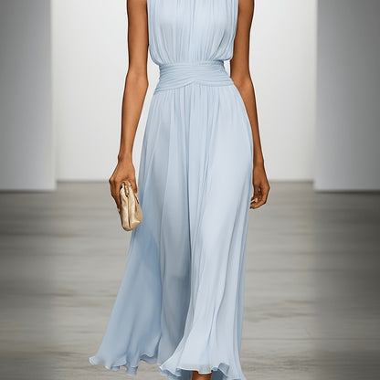 Sleeveless Pleated Maxi Dress with Ruched Waist for Wedding Events
