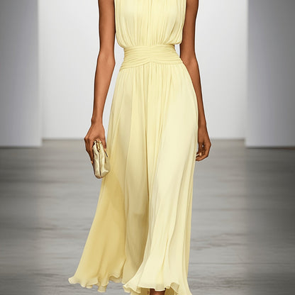 Sleeveless Pleated Maxi Dress with Ruched Waist for Wedding Events