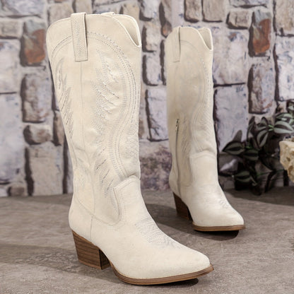 Embroidered Western Knee High Boots with Pointed Toe and Block Heel