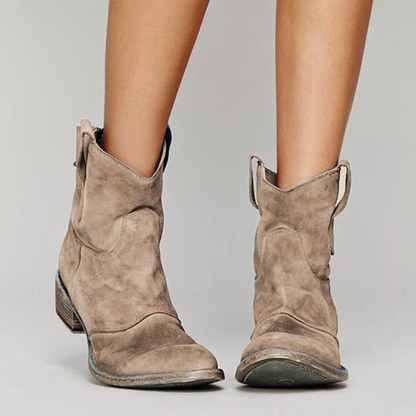 Women's Western Ankle Boots with Rounded Toe and Low Block Heel