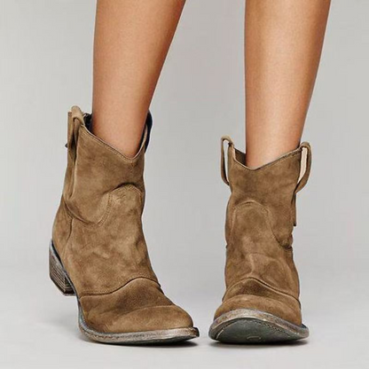 Women's Western Ankle Boots with Rounded Toe and Low Block Heel