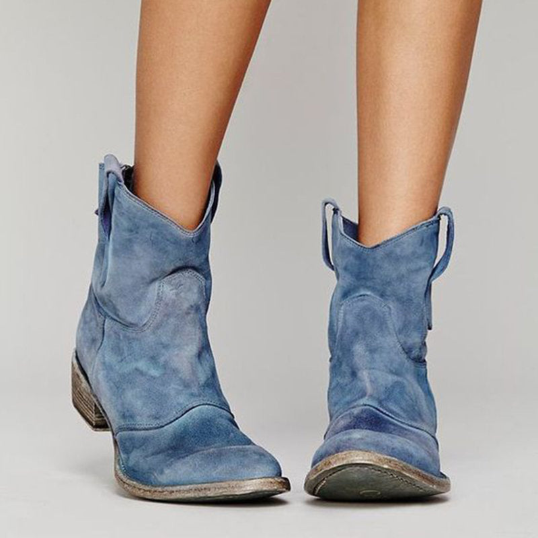Women's Western Ankle Boots with Rounded Toe and Low Block Heel