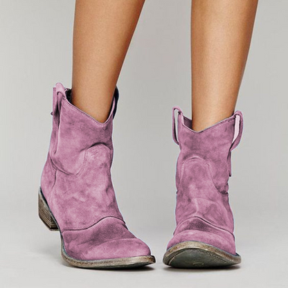 Women's Western Ankle Boots with Rounded Toe and Low Block Heel