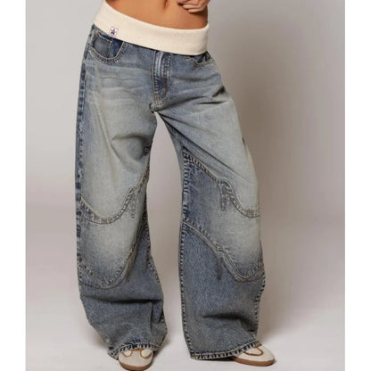 Wide Leg Jeans with Ribbed Elastic Waistband and Curved Seam Details, Light Blue