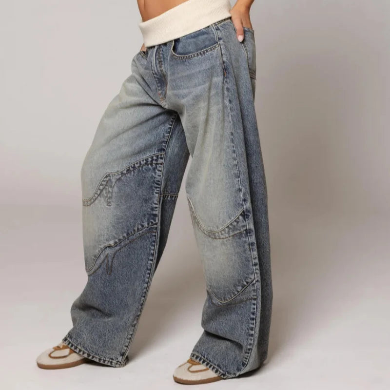 Wide Leg Jeans with Ribbed Elastic Waistband and Curved Seam Details, Light Blue