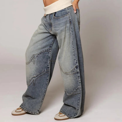 Wide Leg Jeans with Ribbed Elastic Waistband and Curved Seam Details, Light Blue