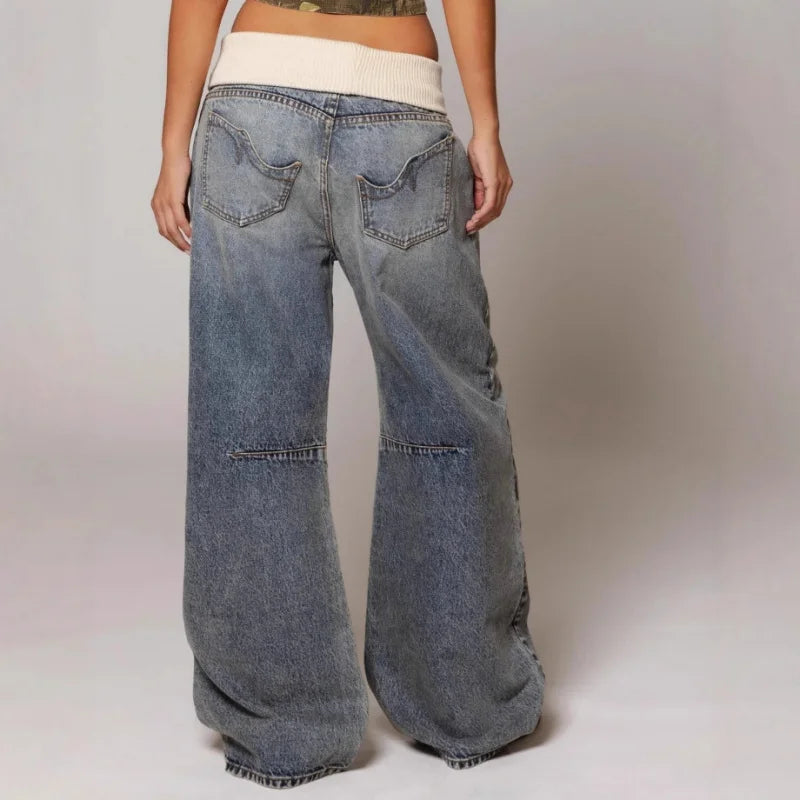 Wide Leg Jeans with Ribbed Elastic Waistband and Curved Seam Details, Light Blue
