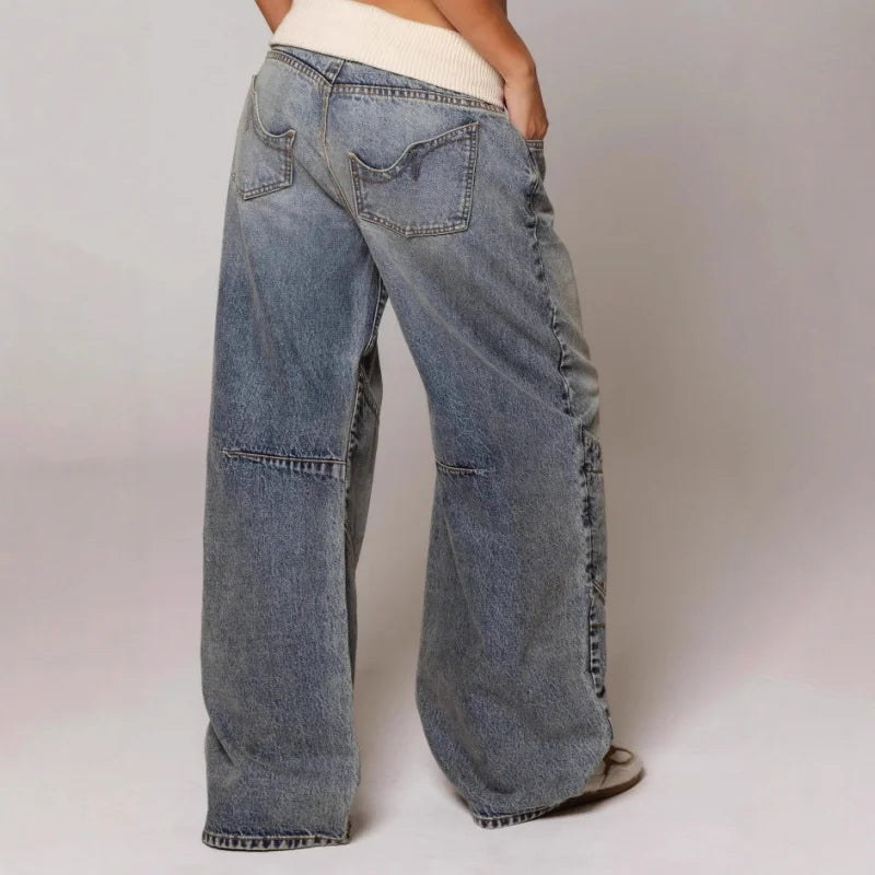 Wide Leg Jeans with Ribbed Elastic Waistband and Curved Seam Details, Light Blue