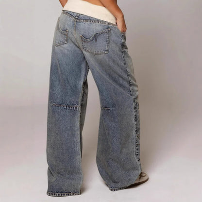 Wide Leg Jeans with Ribbed Elastic Waistband and Curved Seam Details, Light Blue