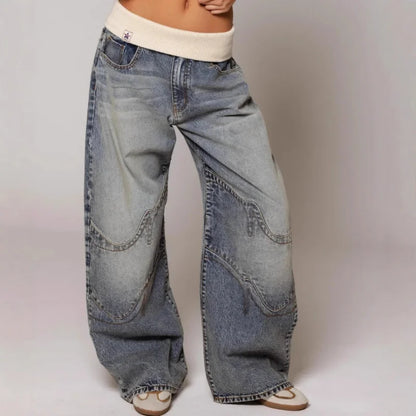 Wide Leg Jeans with Ribbed Elastic Waistband and Curved Seam Details, Light Blue