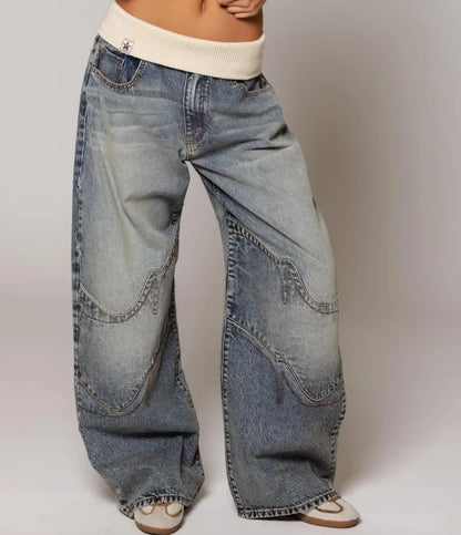 Wide Leg Jeans with Ribbed Elastic Waistband and Curved Seam Details, Light Blue