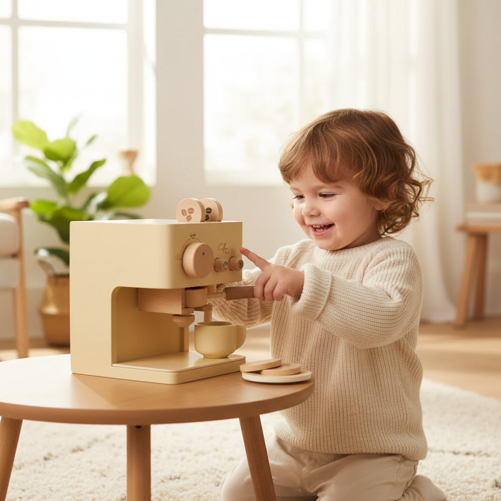 Wooden Coffee Machine Toy Toddlers Pretend Play Kitchen Set
