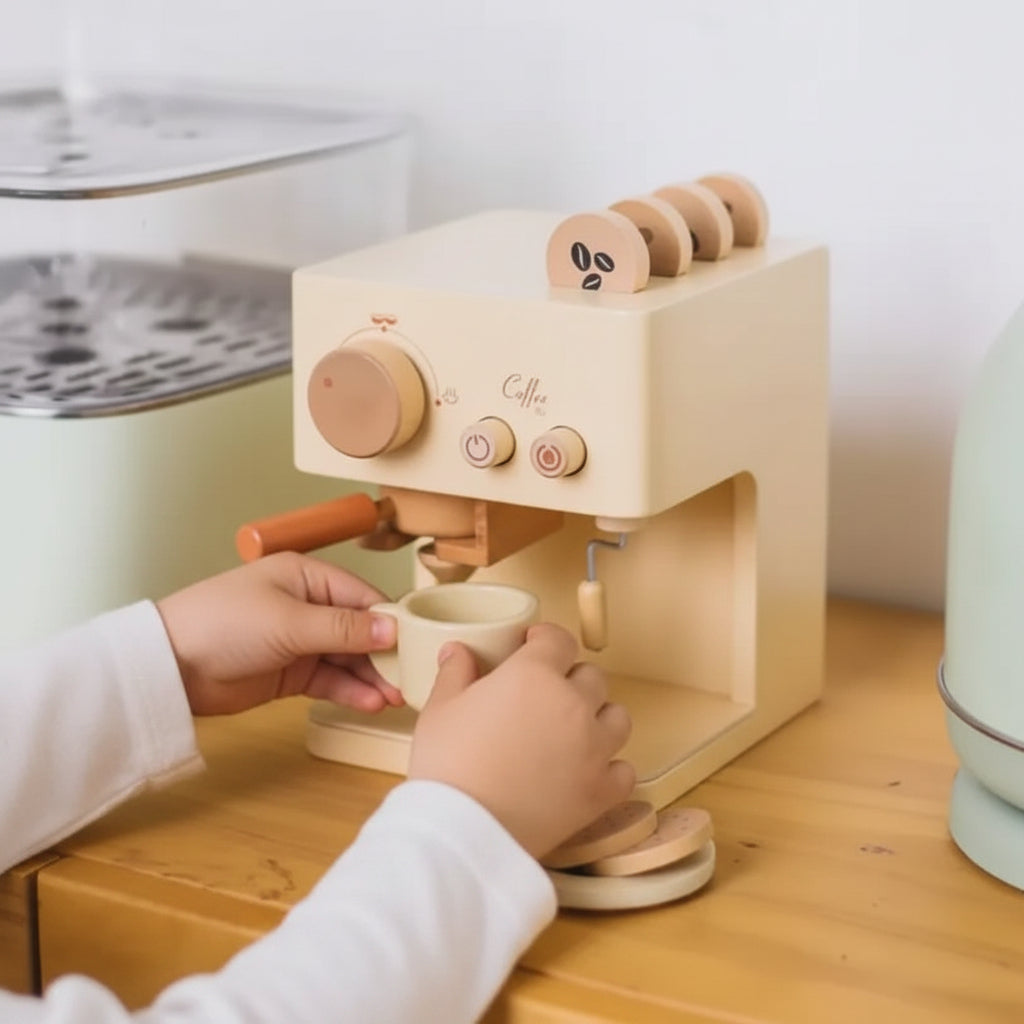 Wooden Coffee Machine Toy Toddlers Pretend Play Kitchen Set